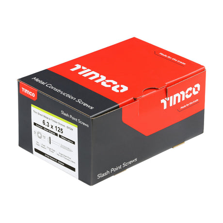 This is an image of Timco - Metal Construction Thin Sheet Metal to Timber Screws - Hex - EPDM Washer - Slash Point - Exterior - Silver Organic 6.3 x 125mm - (100 PCS Box) DS125W16B