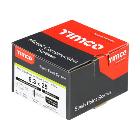 This is an image of Timco - Metal Construction Thin Sheet Metal to Timber Screws - Hex - EPDM Washer - Slash Point - Exterior - Silver Organic 6.3 x 25mm - (100 PCS Box) DS25W16B