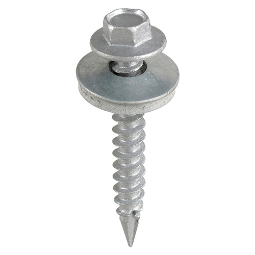 This is an image of Timco - Metal Construction Thin Sheet Metal to Timber Screws - Hex - EPDM Washer - Slash Point - Exterior - Silver Organic 6.3 x 32mm - (120 PCS TIMbag) DS32W16BB