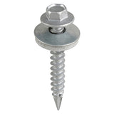 This is an image of Timco - Metal Construction Thin Sheet Metal to Timber Screws - Hex - EPDM Washer - Slash Point - Exterior - Silver Organic 6.3 x 32mm - (120 PCS TIMbag) DS32W16BB