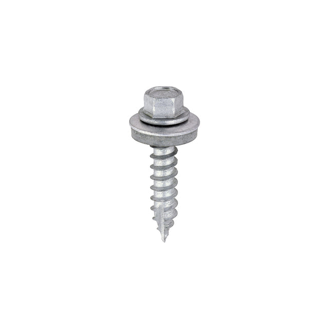This is an image of Timco - Metal Construction Thin Sheet Metal to Timber Screws - Hex - EPDM Washer - Slash Point - Exterior - Silver Organic 6.3 x 32mm - (100 PCS Box) DS32W16B