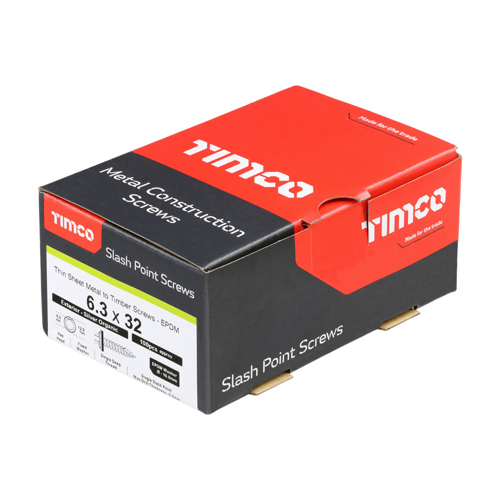 This is an image of Timco - Metal Construction Thin Sheet Metal to Timber Screws - Hex - EPDM Washer - Slash Point - Exterior - Silver Organic 6.3 x 32mm - (100 PCS Box) DS32W16B