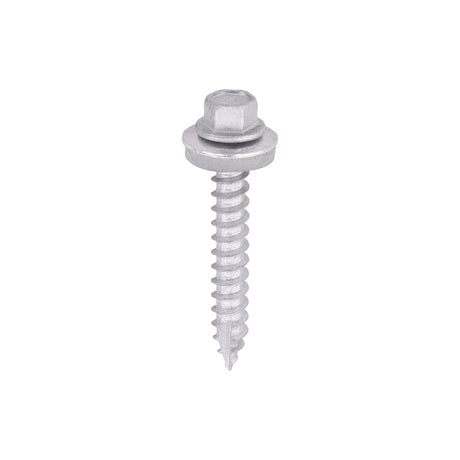 This is an image of Timco - Metal Construction Thin Sheet Metal to Timber Screws - Hex - EPDM Washer - Slash Point - Exterior - Silver Organic 6.3 x 45mm - (100 PCS Box) DS45W16B
