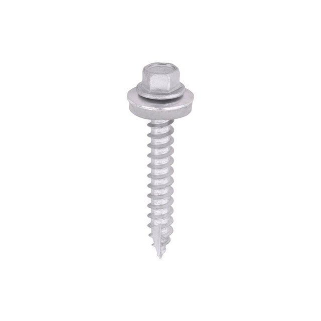 This is an image of Timco - Metal Construction Thin Sheet Metal to Timber Screws - Hex - EPDM Washer - Slash Point - Exterior - Silver Organic 6.3 x 45mm - (100 PCS Box) DS45W16B