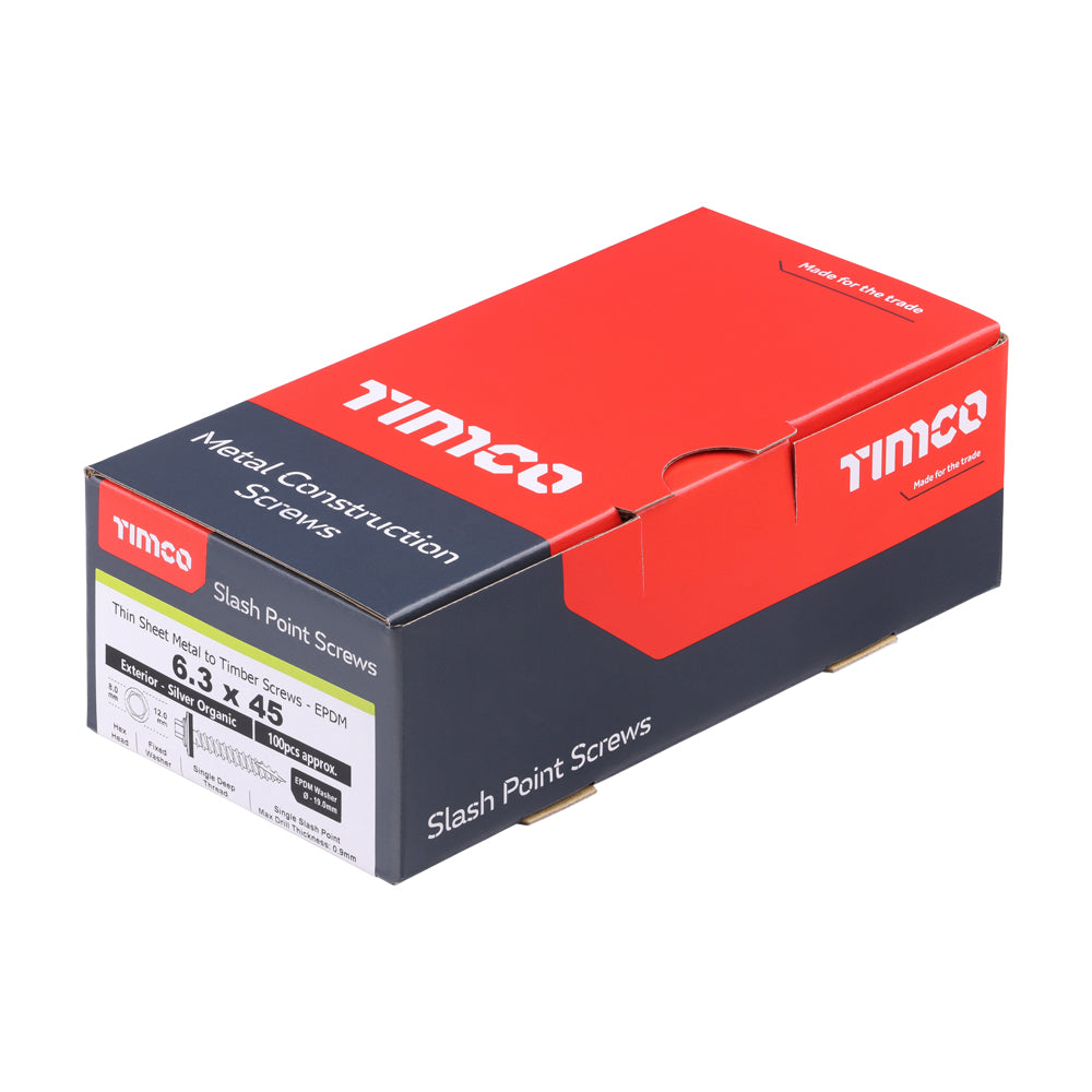 This is an image of Timco - Metal Construction Thin Sheet Metal to Timber Screws - Hex - EPDM Washer - Slash Point - Exterior - Silver Organic 6.3 x 45mm - (100 PCS Box) DS45W19B