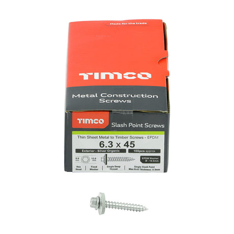This is an image of Timco - Metal Construction Thin Sheet Metal to Timber Screws - Hex - EPDM Washer - Slash Point - Exterior - Silver Organic 6.3 x 45mm - (100 PCS Box) DS45W19B