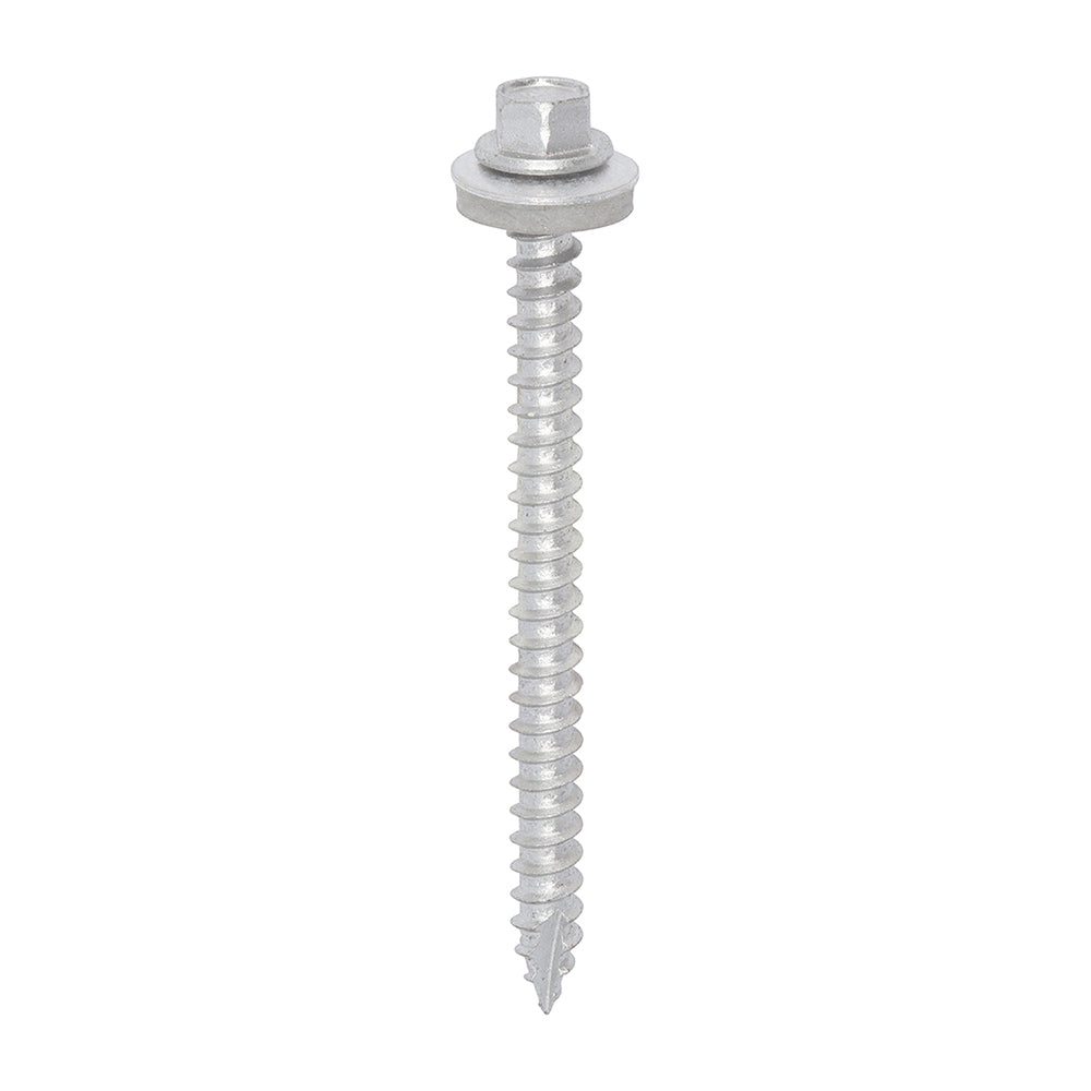 This is an image of Timco - Metal Construction Thin Sheet Metal to Timber Screws - Hex - EPDM Washer - Slash Point - Exterior - Silver Organic 6.3 x 80mm - (100 PCS Box) DS80W16B
