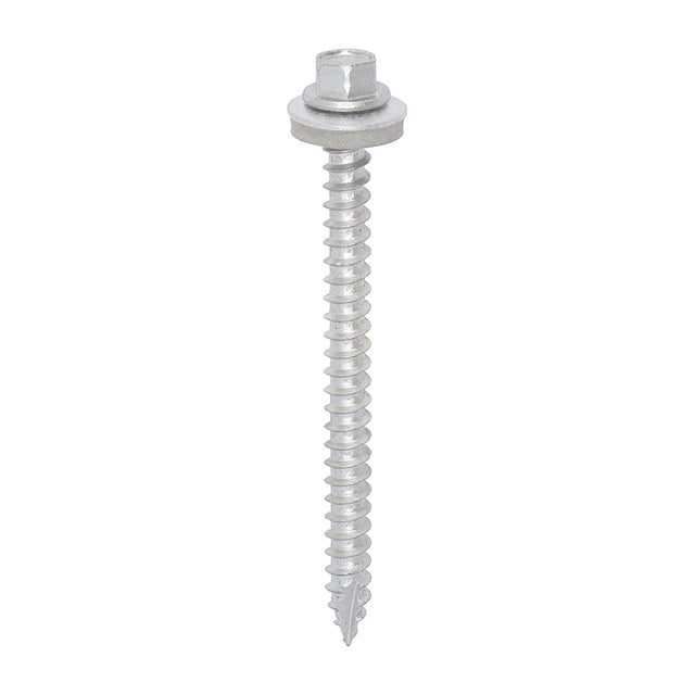 This is an image of Timco - Metal Construction Thin Sheet Metal to Timber Screws - Hex - EPDM Washer - Slash Point - Exterior - Silver Organic 6.3 x 80mm - (100 PCS Box) DS80W16B
