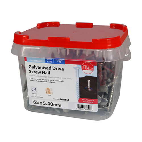 This is an image of Timco - Drive Screws - Galvanised 65 x 5.40mm (2.5 Kg TIMtub) DSN65T