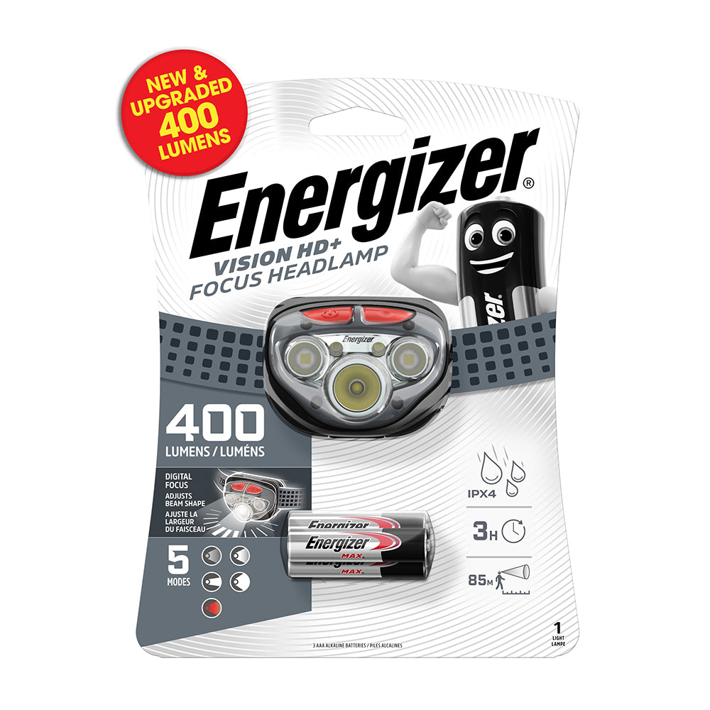 This is an image of Timco - EnergizerÃƒâ€šÃ‚Â® LED Vision HD+ Focus Headlamp - 400 Lumen Grey / 400 Lumen (1 Each Backing Card) ENR412802