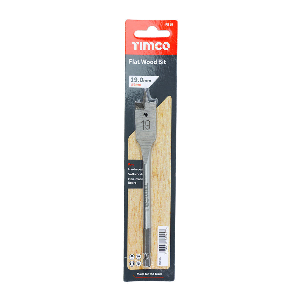 This is an image of Timco - Flat Wood Bit 19.0 x 152 (1 Each Blister Pack) FB19