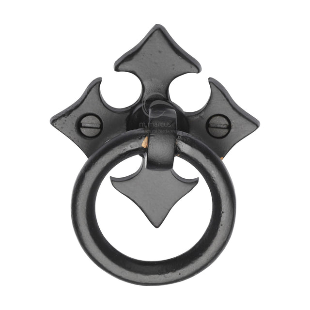 High quality image of the M.Marcus Fleur-De-Lys Cabinet Ring Drop Pull Matt Black Rustic Iron | Sku. fb6331 | Discounted prices available from Trade Door Handles