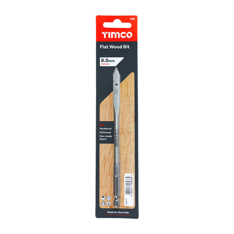 This is an image of Timco - Flat Wood Bit 8.0 x 152 (1 Each Blister Pack) FB8