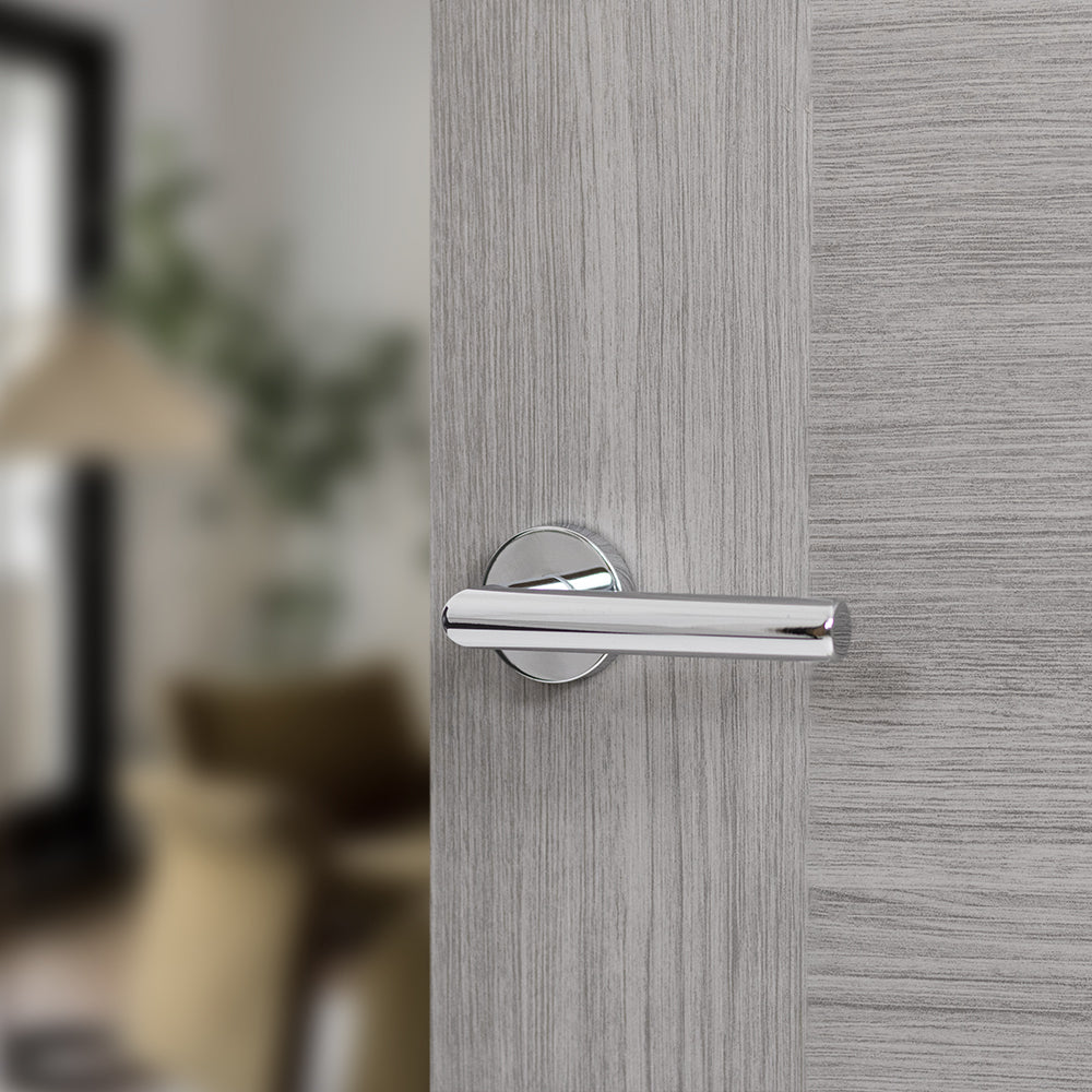 Quality image of Forme Elle Lever Door Handle on Minimal Round Rose - Polished Chrome | Sku. fmr236pc | available from Trade Door Handles.