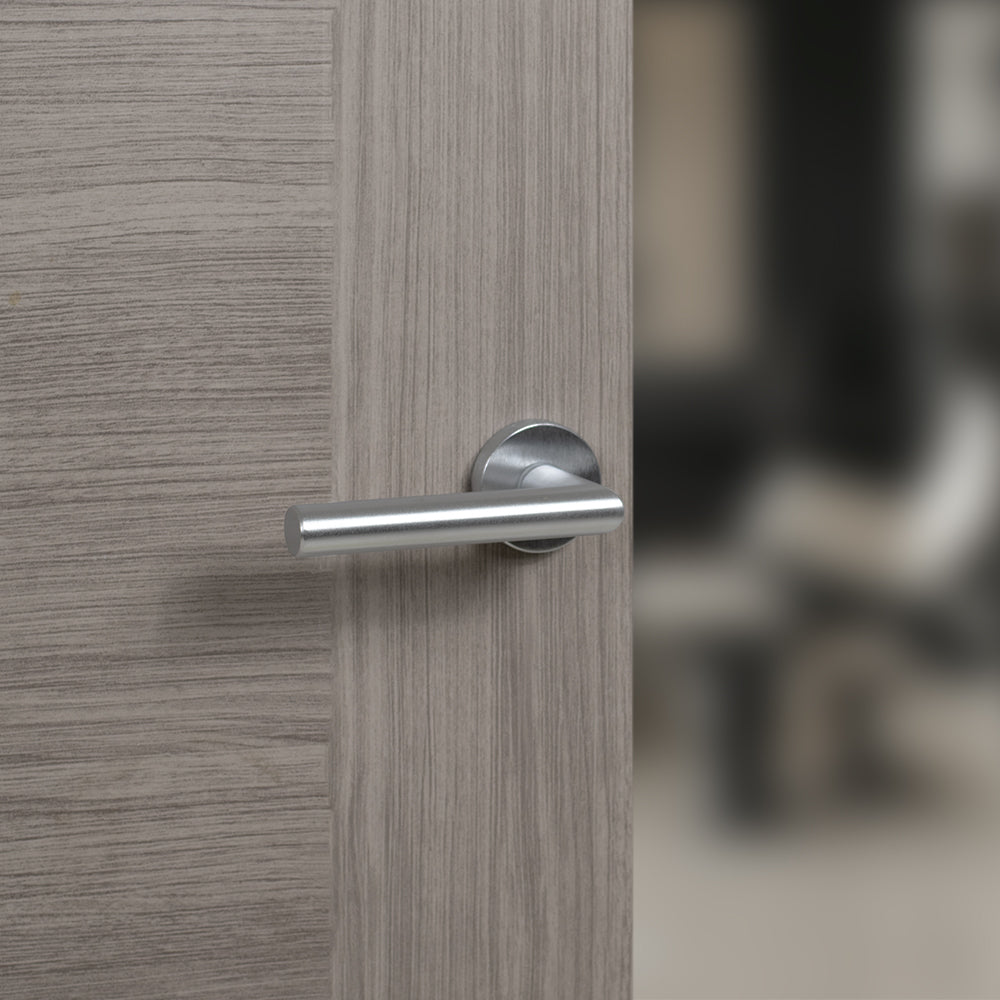 Quality image of Forme Elle Lever Door Handle on Minimal Round Rose - Satin Chrome | Sku. fmr236sc | available from Trade Door Handles.