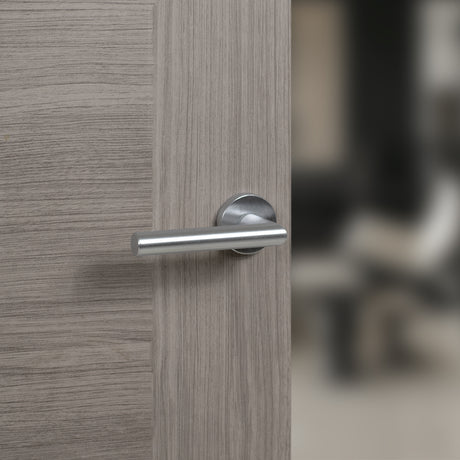 Quality image of Forme Elle Lever Door Handle on Minimal Round Rose - Satin Chrome | Sku. fmr236sc | available from Trade Door Handles.