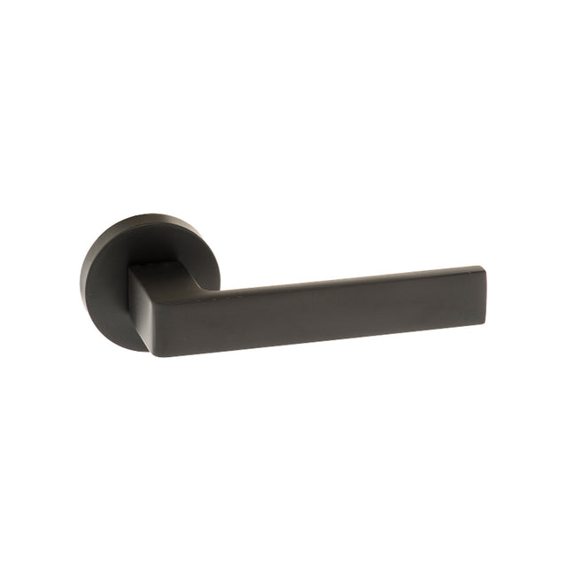 Quality image of Forme Asti Lever Door Handle on Minimal Round Rose - Matt Black | Sku. fmr254mb | available from Trade Door Handles.