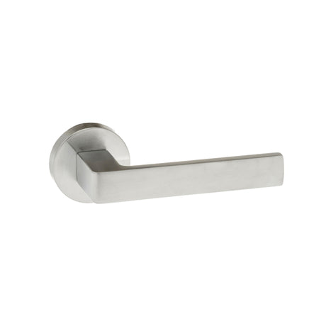 Quality image of Forme Asti Lever Door Handle on Minimal Round Rose - Satin Chrome | Sku. fmr254sc | available from Trade Door Handles.