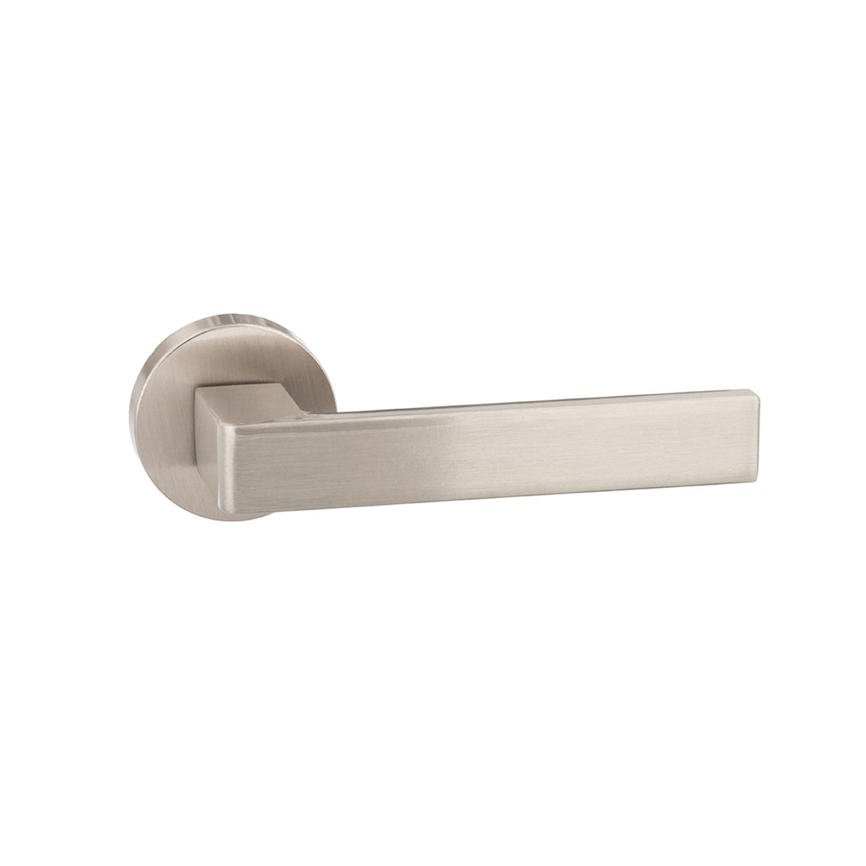 Quality image of Forme Asti Lever Door Handle on Minimal Round Rose - Satin Nickel | Sku. fmr254sn | available from Trade Door Handles.