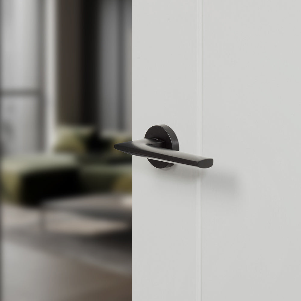 Quality image of Forme Boston Lever Door Handle on Minimal Round Rose - Matt Black | Sku. fmr422mb | available from Trade Door Handles.