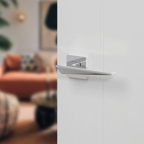 Quality image of Forme Naxos Lever Door Handle on Minimal Square Rose - Polished Chrome | Sku. fms215pc | available from Trade Door Handles.