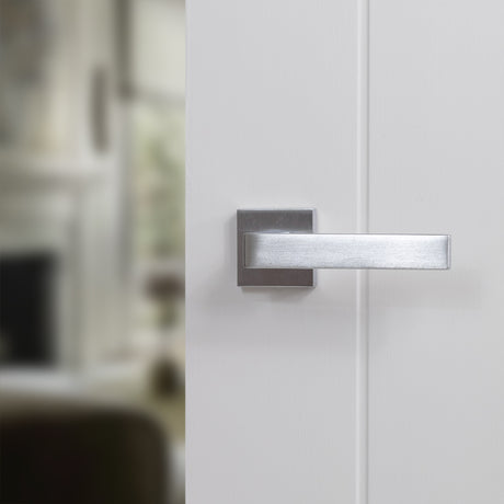 Quality image of Forme Asti Lever Door Handle on Minimal Square Rose - Satin Chrome | Sku. fms254sc | available from Trade Door Handles.