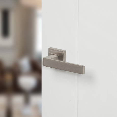 Quality image of Forme Asti Lever Door Handle on Minimal Square Rose - Satin Nickel | Sku. fms254sn | available from Trade Door Handles.