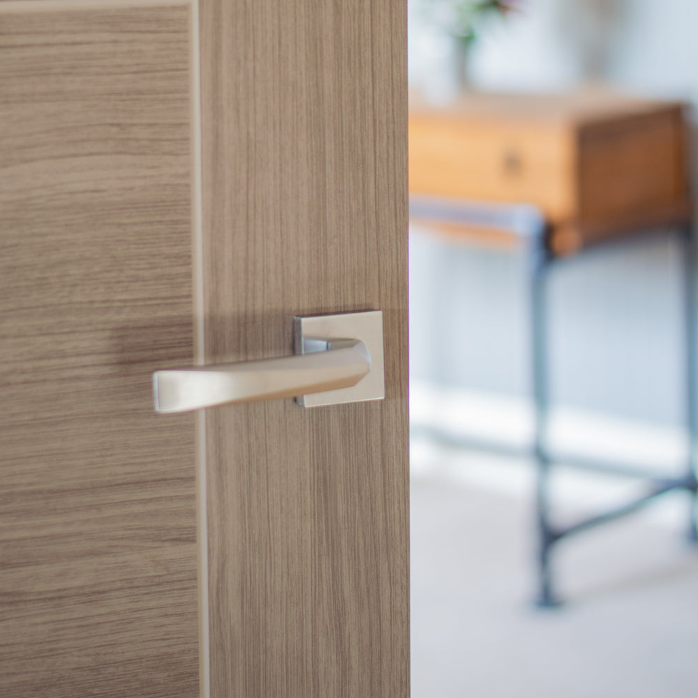 Quality image of Forme Crystal Lever Door Handle on Minimal Square Rose - Satin Chrome | Sku. fms268sc | available from Trade Door Handles.