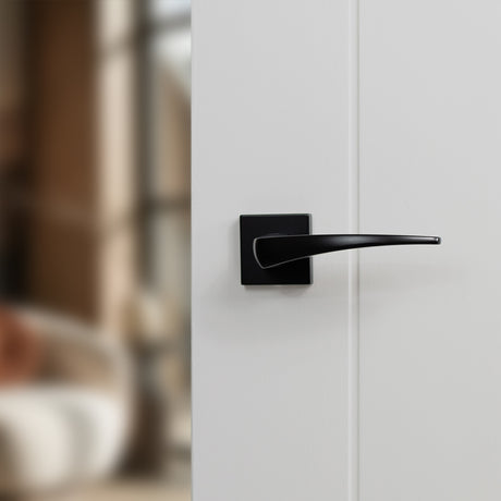 Quality image of Forme Foglia Lever Door Handle on Minimal Square Rose - Matt Black | Sku. fms272mb | available from Trade Door Handles.