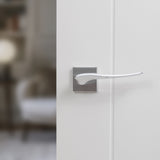 Quality image of Forme Olimpia Lever Door Handle on Minimal Square Rose - Satin Chrome | Sku. fms280sc | available from Trade Door Handles.