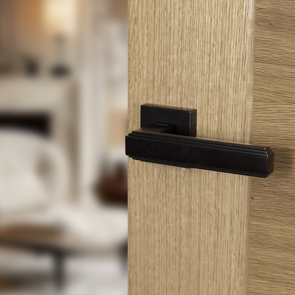 Quality image of Forme Alila Lever Door Handle on Minimal Square Rose - Matt Black | Sku. fms293mb | available from Trade Door Handles.