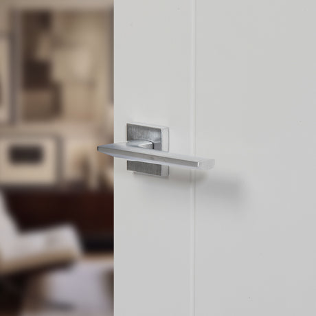 Quality image of Forme Boston Lever Door Handle on Minimal Square Rose - Satin Chrome | Sku. fms422sc | available from Trade Door Handles.