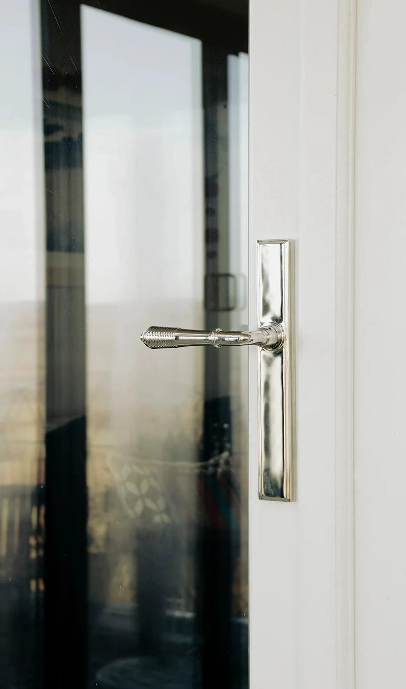From The Anvil Reeded Slimline Lever Espag. Latch Set Polished Nickel Sku 45425