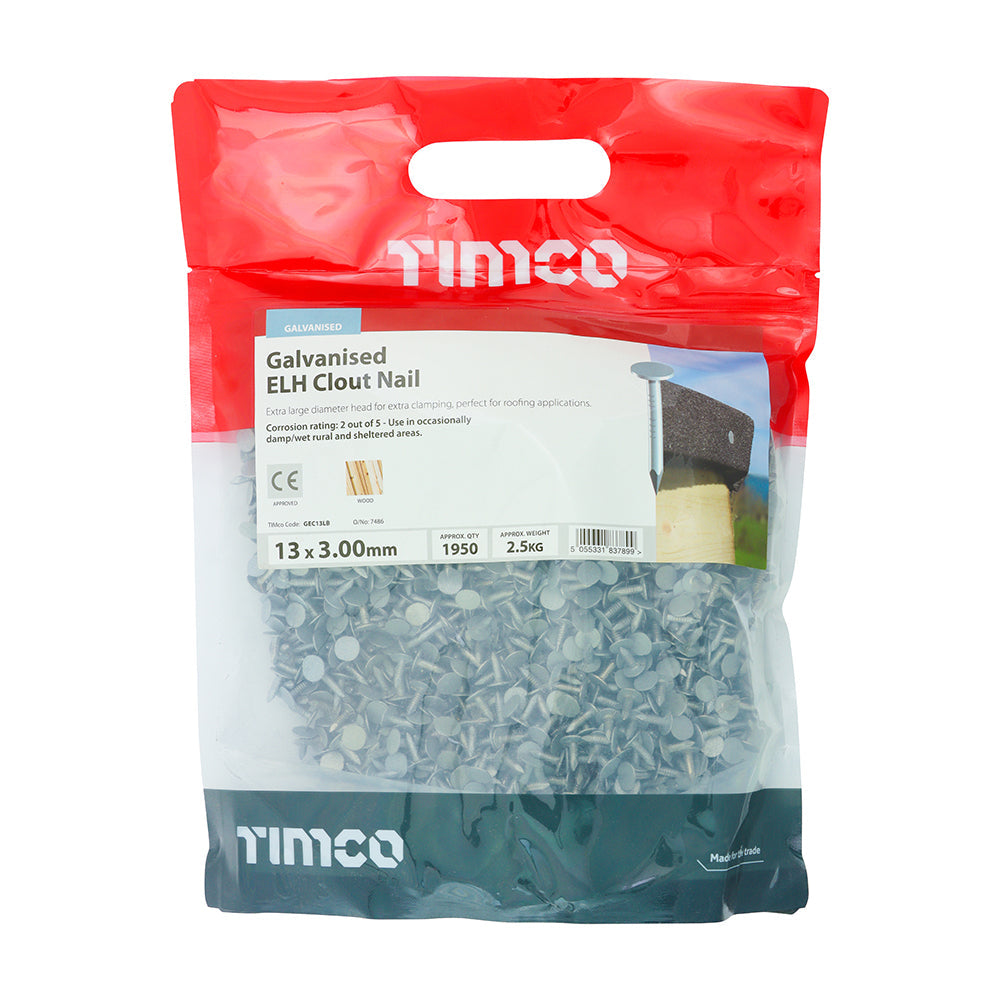 This is an image of Timco - Extra Large Head Clout Nails - Galvanised 13 x 3.00mm (2.5 Kg TIMbag) GEC13LB