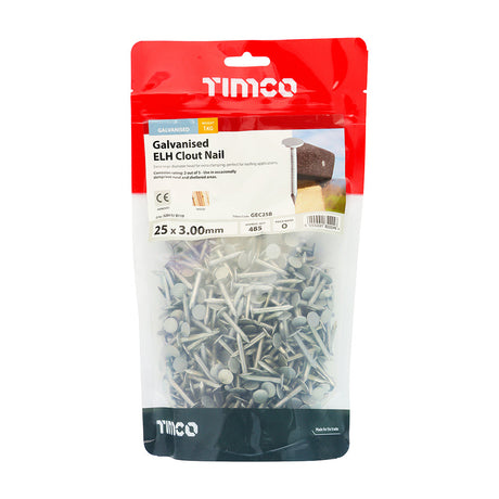 This is an image of Timco - Extra Large Head Clout Nails - Galvanised 25 x 3.00mm (1 Kg TIMbag) GEC25B