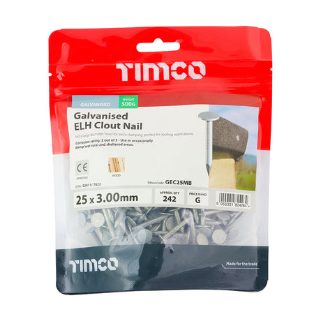 This is an image of Timco - Extra Large Head Clout Nails - Galvanised 25 x 3.00mm (0.5 Kg TIMbag) GEC25MB