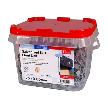 This is an image of Timco - Extra Large Head Clout Nails - Galvanised 25 x 3.00mm (2.5 Kg TIMtub) GEC25T