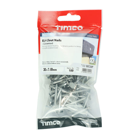 This is an image of Timco - Extra Large Head Clout Nails - Galvanised 30 x 3.00mm (100 PCS TIMpac) GEC30P