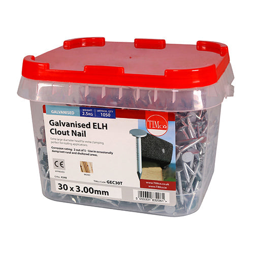 This is an image of Timco - Extra Large Head Clout Nails - Galvanised 30 x 3.00mm (2.5 Kg TIMtub) GEC30T