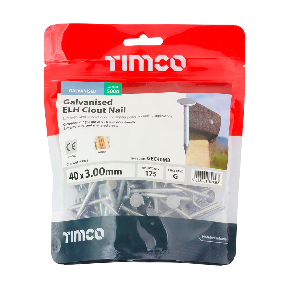 This is an image of Timco - Extra Large Head Clout Nails - Galvanised 40 x 3.00mm (0.5 Kg TIMbag) GEC40MB
