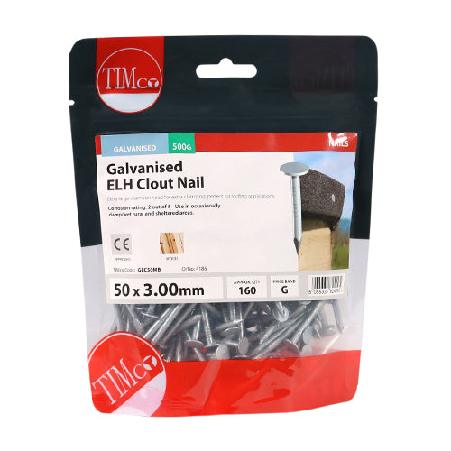 This is an image of Timco - Extra Large Head Clout Nails - Galvanised 50 x 3.00mm (0.5 Kg TIMbag) GEC50MB
