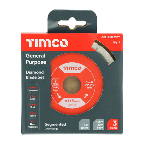 This is an image of Timco - General Purpose Diamond Blade - Segmented 115 x 22.2 (3 Pieces Box) GPE115222SET