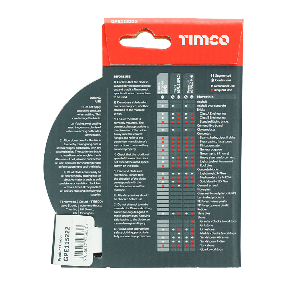 This is an image of Timco - General Purpose Diamond Blade - Segmented 115 x 22.2 (1 Each Box) GPE115222