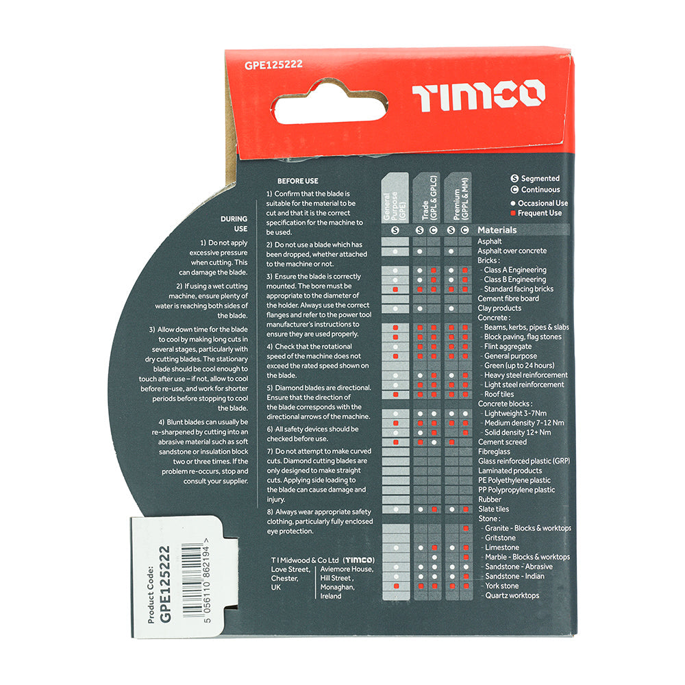 This is an image of Timco - Premium Diamond Blade Segmented 125 x 22.2 (1 Each Box) GPE125222
