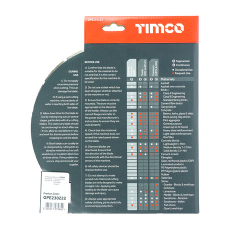 This is an image of Timco - General Purpose Diamond Blade - Segmented 230 x 22.2 (1 Each Box) GPE230222