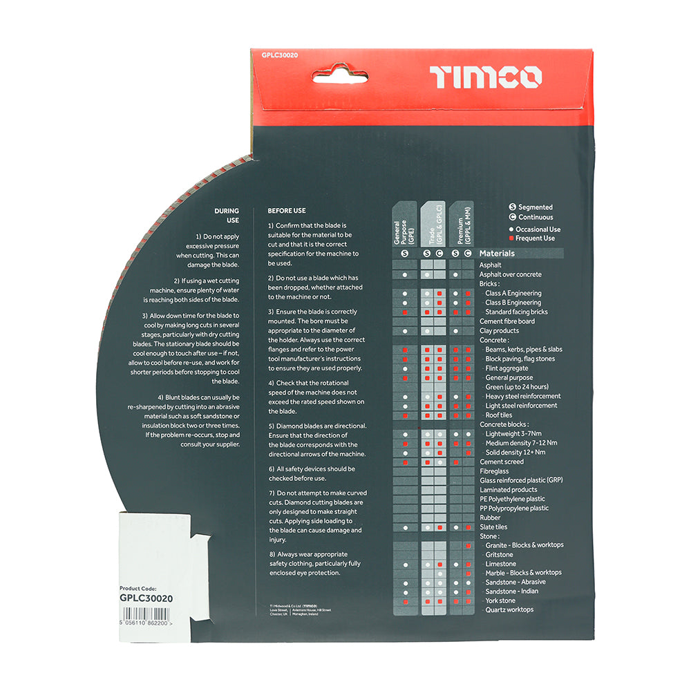 This is an image of Timco - Trade Diamond Blade - Continuous 300 x 20.0 (1 Each Box) GPLC30020