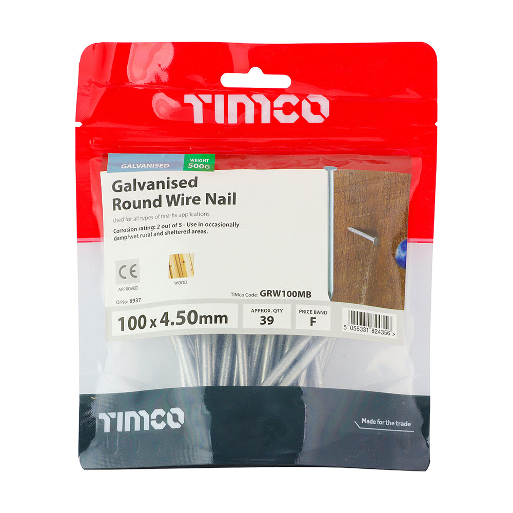 This is an image of Timco - Round Wire Nails - Galvanised 100 x 4.50mm (0.5 Kg TIMbag) GRW100MB