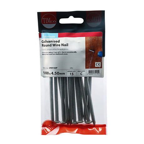 This is an image of Timco - Round Wire Nails - Galvanised 100 x 4.50mm (15 PCS TIMpac) GRW100P