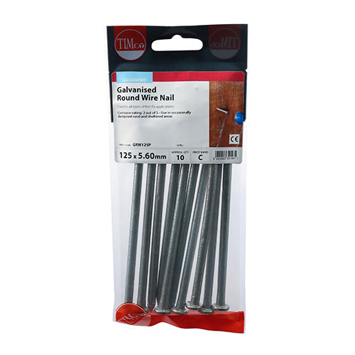 This is an image of Timco - Round Wire Nails - Galvanised 125 x 5.60mm (10 PCS TIMpac) GRW125P