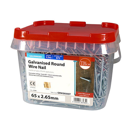 This is an image of Timco - Round Wire Nails - Galvanised 65 x 2.65mm (2.5 Kg TIMtub) GRW26565T
